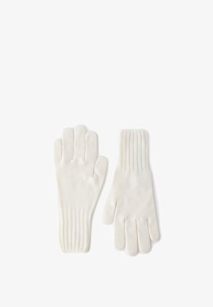 Weiße gestrickte Handschuhe mit einem gerippten Bündchen, die fünf Finger und eine weiche Textur aufweisen. Gefertigt aus warmem Material für kaltes Wetter.