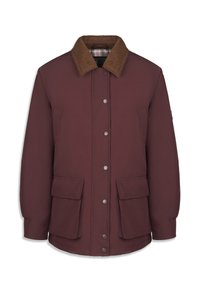 Veste marron avec col en velours côtelé, boutons-pression sur le devant, deux grandes poches à rabat et une doublure intérieure à carreaux.