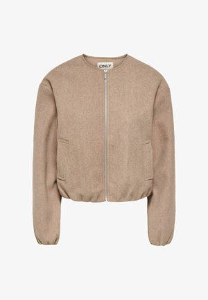 Veste beige à manches longues, courte, avec fermeture éclair à l'avant, encolure ronde, poignets élastiques et deux poches latérales.