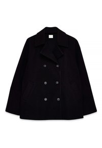 Musta kaksirivinen takki suurella kauluksella, valmistettu teksturoidusta kankaasta. Sisältää kaksi etutaskua ja kuusi vastaavaa nappia. Suorakulmainen muoto.