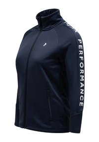 Marinefarbener Zip-Jacket mit hohem Kragen, versehen mit einem Logo auf der Brust und dem Wort "PERFORMANCE" in Weiß entlang des Ärmels. Glatte Textur.