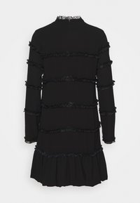 Black dress featuring long sleeves, layered frills along the body and sleeves, and a pleated hem. High neckline with a lace trim.