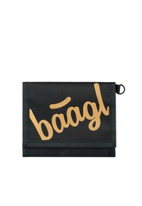 Black fabric wallet with gold cursive "baagl" typography. Features a fold-over design, side loop, and reinforced edges for durability.
