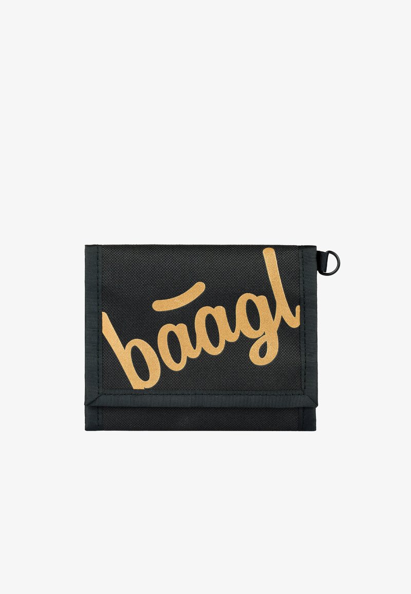Black fabric wallet with gold cursive "baagl" typography. Features a fold-over design, side loop, and reinforced edges for durability.