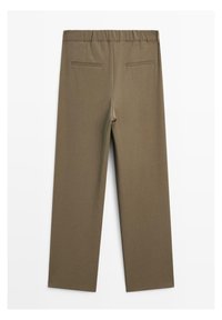 Brown, elastic waist trousers with a straight cut. Features two back pockets and a smooth, matte texture.