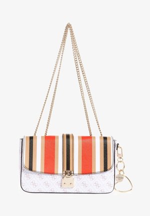 White handbag with red, beige, black vertical stripes, gold clasp, chain strap, and a gold Guess keychain attached on the right side.