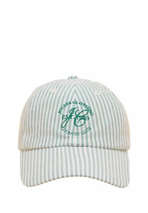 Gestreifte Kappe in Weiß und Grün mit einem gebogenen Schirm. Verfügt über gesticktes Logo und Text, verstellbarer Riemen hinten. Baumwollmaterial.