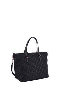 Borsa in tessuto nera con manici in pelle, caratterizzata da un delicato motivo floreale. Finiture in oro, chiusura con zip e tracolla staccabile.
