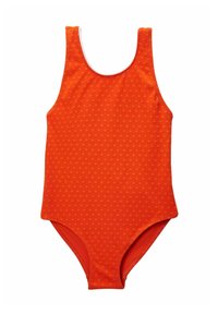 Maillot de bain orange avec un motif à pois, fabriqué en tissu extensible. Il présente un col rond et un design sans manches, taillé dans une forme classique.