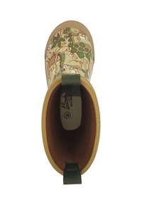 Botte en caoutchouc de taille enfant avec un extérieur beige, une doublure marron, des motifs d'animaux et de plantes, et une languette verte au talon. Taille 28.