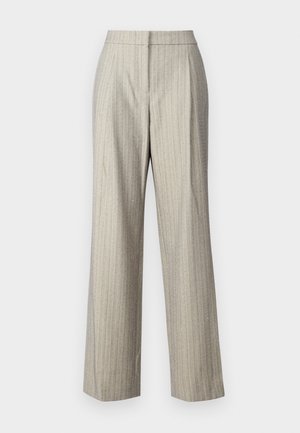 Light gray, high-waisted trousers with subtle pinstripes and a slightly textured fabric. Straight leg design with a tailored finish.