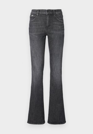 Flared jeans in dark gray denim with a smooth texture, five-pocket design, and a button closure at the waistband.