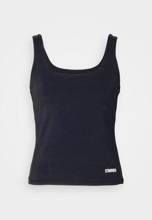 Black tank top with a scoop neckline, made of smooth fabric, featuring a snug fit and the word "STRONGER" in white at the hem.