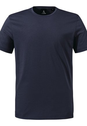 Dunkelblaues Baumwoll-T-Shirt, runder Hals, kurze Ärmel, glatte Textur, minimalistisches Design ohne Muster oder sichtbare Akzente.
