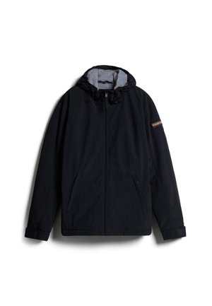 Czarna kurtka z kapturem na zamek z przodu, dwie boczne kieszenie, regulowane paski na nadgarstkach oraz szara podszewka wewnętrzna, wyłożona płasko na białym tle.