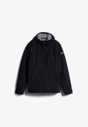 Veste noire à capuche avec fermeture éclair avant, deux poches latérales, bracelets ajustables aux poignets et doublure intérieure grise, présentée à plat sur fond blanc.