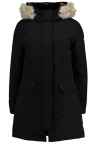 Černá voděodolná parka s kapucí lemovanou kožešinou, dvěma předními kapsami a rovnim střihem. Má zip a zapínání na knoflíky vpředu.