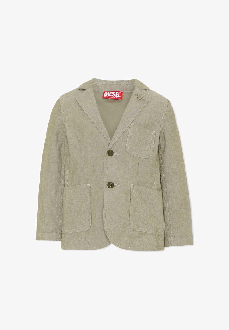 Blazer décontracté vert olive clair avec deux poches avant, une poche poitrine, deux boutons et étiquette de marque Diesel à l'intérieur du col.