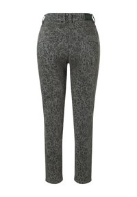 Gray patterned jeans with a subtle leopard print, mid-rise waist, five-pocket design, and straight leg cut. Back view shown.