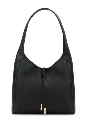 Sac à bandoulière en cuir noir avec une sangle unique et une fermeture à cordon avec embouts en métal doré.