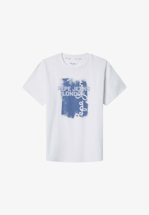 Weißes Baumwoll-T-Shirt mit einem blauen Grafikdesign und dem Text "PEPE JEANS LONDON." Kurze Ärmel und runder Halsausschnitt.