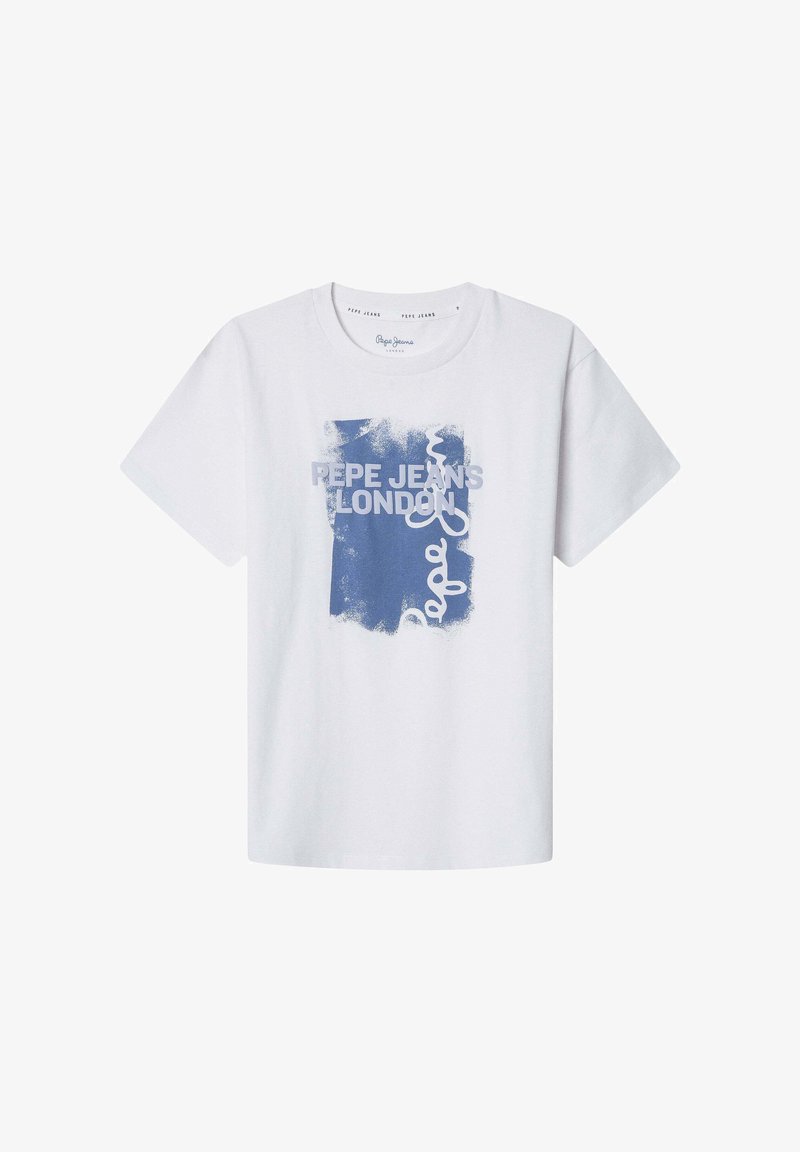T-shirt bianca in cotone con un design grafico blu con il testo "PEPE JEANS LONDON." Maniche corte e scollo rotondo.