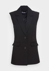 Black sleeveless blazer with a notch lapel, two front pockets, and a button closure. Smooth fabric with a matte finish.
