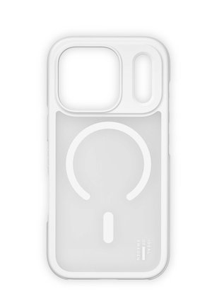 Custodia per smartphone bianca trasparente con bordi rialzati, ritagli per fotocamera e pulsanti, anello MagSafe e marchio "Ideal of Sweden".