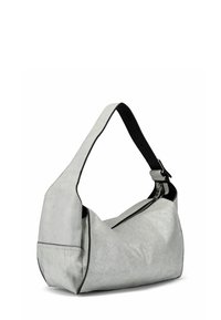 Borsa a spalla in pelle sintetica grigia con superficie testurizzata, rifiniture nere e una singola tracolla regolabile. Presenta un compartimento principale con zip.
