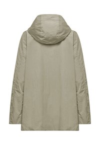 Giacca beige chiaro con cappuccio, dalla superficie texture, maniche lunghe e taglio dritto. La vista posteriore non presenta hardware o dettagli visibili.