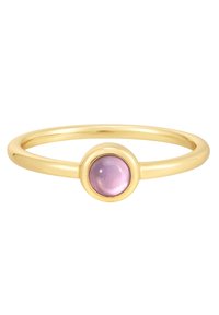 Gold ring with a thin band featuring a round, smooth pink gemstone set in a circular bezel. Simple and minimalistic design.