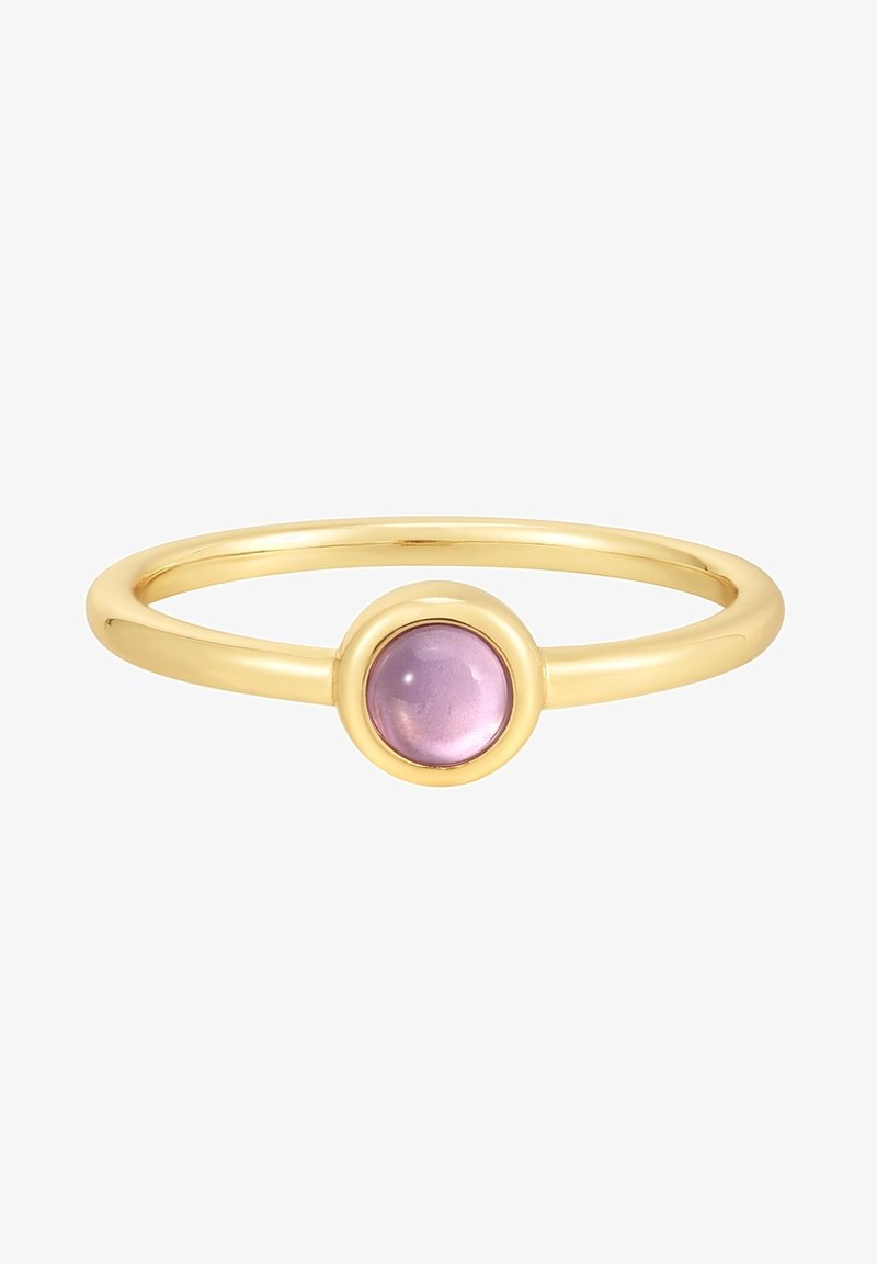 Gold ring with a thin band featuring a round, smooth pink gemstone set in a circular bezel. Simple and minimalistic design.