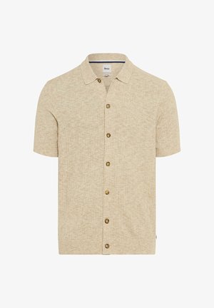 Beige gebreid shirt met korte mouwen, een kraag en zes bruine knopen aan de voorkant, gemaakt van gestructureerde stof.