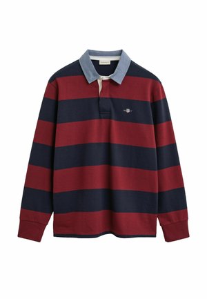T-shirt de rugby à manches longues avec de larges rayures horizontales bordeaux et bleu marine, col bleu et petit logo brodé sur la bande de couleur bleue marine au niveau de la poitrine.