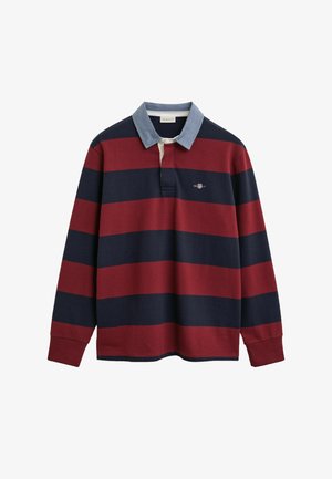 T-shirt de rugby à manches longues avec de larges rayures horizontales bordeaux et bleu marine, col bleu et petit logo brodé sur la bande de couleur bleue marine au niveau de la poitrine.
