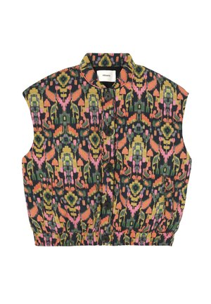 Veste colorée à motifs avec col rond, boutons noirs et poches latérales. Confectionnée dans un tissu léger à finition texturée.