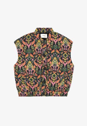 Veste colorée à motifs avec col rond, boutons noirs et poches latérales. Confectionnée dans un tissu léger à finition texturée.