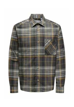 Chemise à carreaux boutonnée en gris, or et noir. Comprend une poche poitrine, des manches longues et un col classique avec une coupe décontractée.