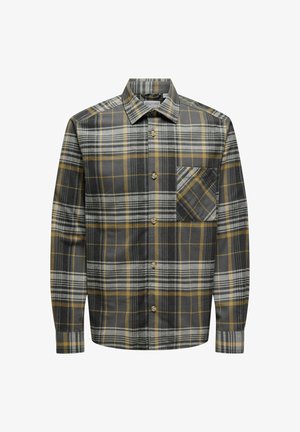 Camisa de cuadro en tonos gris, dorado y negro. Cuenta con un bolsillo en el pecho, mangas largas y un cuello clásico con un corte relajado.