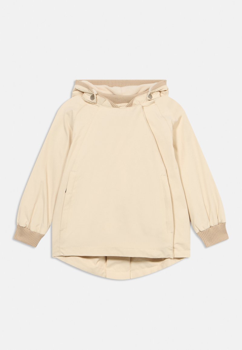 Μπεζ μακρυμάνικο μπουφάν με κουκούλα, ριμπ μανσέτες και τελείωμα, εμπρόσθιες τσέπες και ελαφρώς μακρύτερο τελείωμα στο πίσω μέρος.