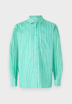 Light green long-sleeve shirt with white vertical stripes, classic collar, buttons down the front, and a left chest pocket.