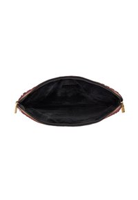 Red zippered pouch with a smooth exterior and soft black interior lining. Features gold-tone zipper hardware. Compact rectangular shape.