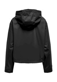 Veste noire imperméable avec capuche, présentant un design court et des manches longues. Texture lisse sans matériel ou motifs visibles.