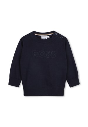 Pull bébé bleu marine à manches longues, poignets et bas côtelés, deux boutons aux épaules, et logo "BOSS" embossé sur le devant.