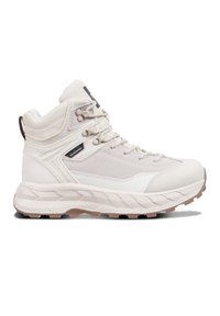 Světlé béžové turistické boty s texturovaným textilním svrškem, šněrovacím designem, polstrovaným límcem a odolnou gumovou podrážkou.