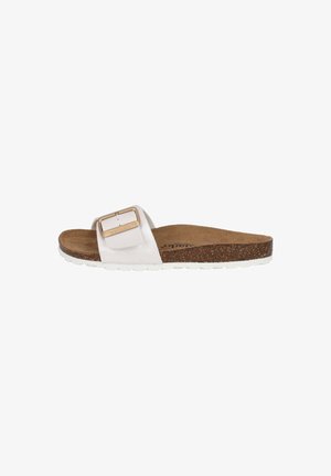 Slide sandal with a wide white strap featuring a gold metal buckle. Cork footbed, textured light brown surface, and white rubber sole.