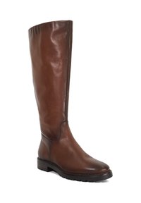 Brown leather knee-high boot with a smooth texture, rounded toe, and a sturdy black sole. Minimalist design with no visible hardware or embellishments.