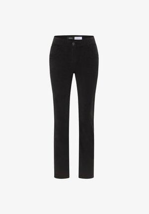 Pantaloni neri a gamba dritta con tasche frontali, passanti per cintura e chiusura a bottone, etichettati "Cecil" all'interno della vita.