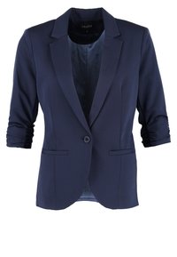 Blazer bleu marine pour femme avec fermeture à un bouton, manches trois-quarts froncées, revers crantés et deux poches avant passepoilées.