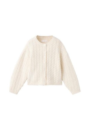 Cardigan en maille torsadée de couleur blanc cassé, avec un col rond, des boutons sur le devant, et des manches amples. Texture douce avec un ourlet côtelé.